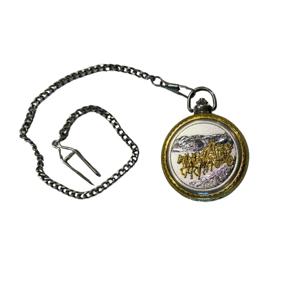 Vintage Concepts Quartz Western covered Wagon Pocket Watch Silver Gold Chain